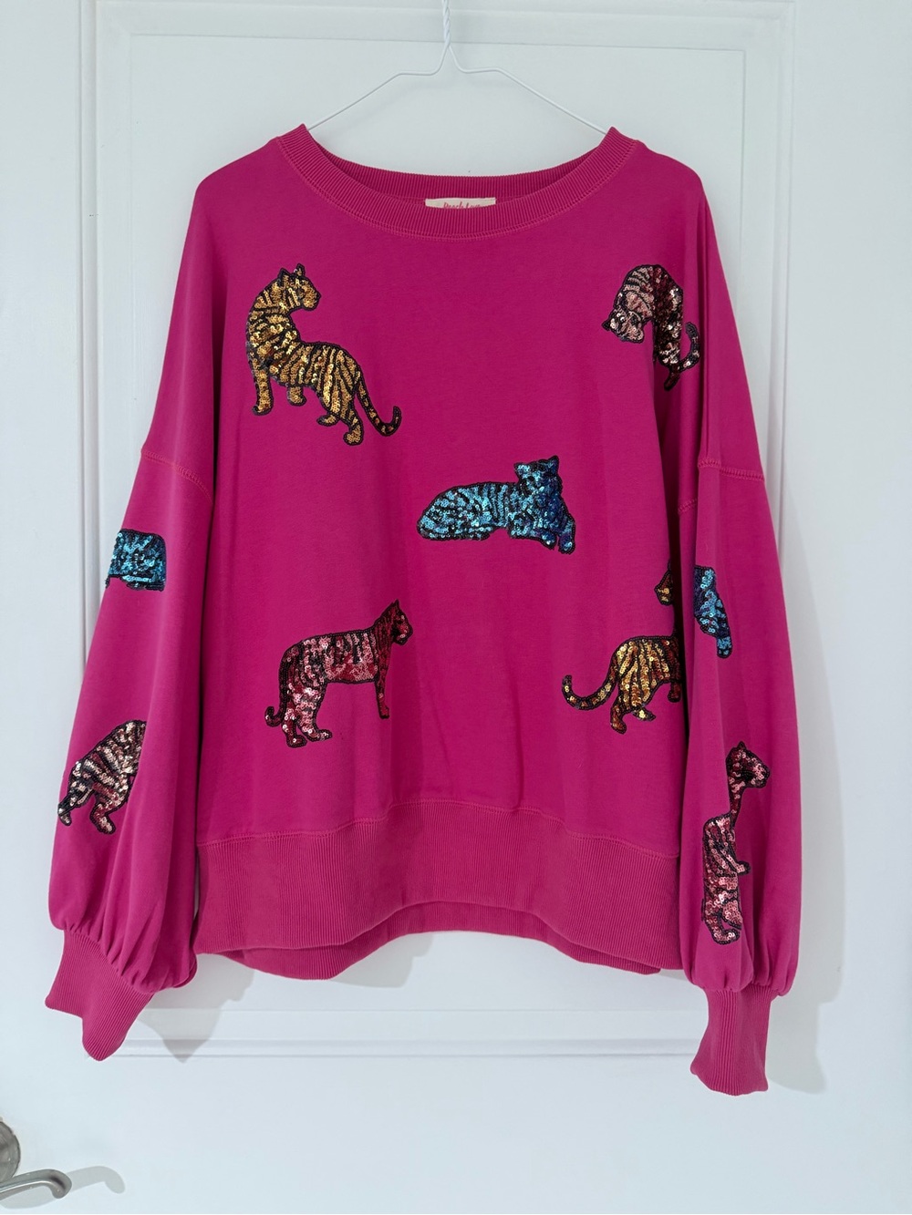 Peach Love California Hot Pink Sequin Tiger Crewneck Sweatshirt